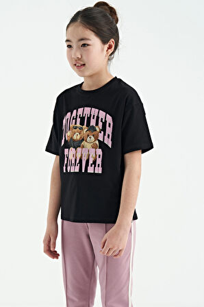 Siyah Ayıcık Baskılı O Yaka Oversize Kısa Kol Kız Çocuk T-Shirt - 75116 | 9-10 Yaş