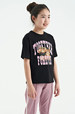 Siyah Ayıcık Baskılı O Yaka Oversize Kısa Kol Kız Çocuk T-Shirt - 75116 | 9-10 Yaş