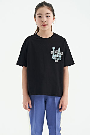 Siyah Ön Arka Baskılı O Yaka Oversize Kısa Kollu Kız Çocuk T-Shirt - 75127 | 13-14 Yaş