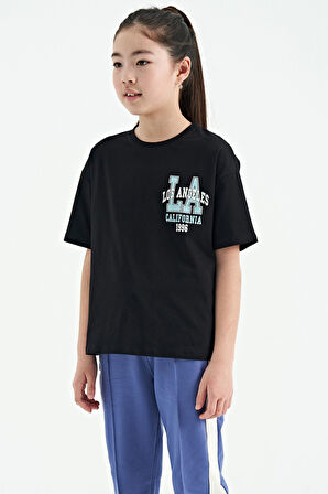 Siyah Ön Arka Baskılı O Yaka Oversize Kısa Kollu Kız Çocuk T-Shirt - 75127 | 13-14 Yaş