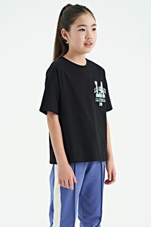 Siyah Ön Arka Baskılı O Yaka Oversize Kısa Kollu Kız Çocuk T-Shirt - 75127 | 13-14 Yaş