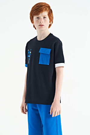 Lacivert O Yaka Oversize Cep Detaylı Erkek Çocuk T-Shirt - 11152 | 9-10 Yaş