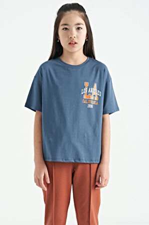 Petrol Ön Arka Baskılı O Yaka Oversize Kısa Kollu Kız Çocuk T-Shirt - 75127 | 8-9 Yaş