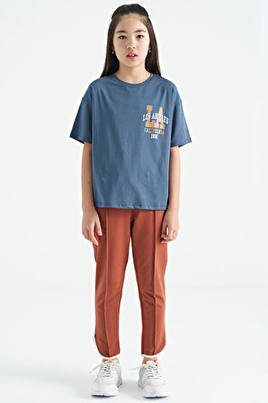 Petrol Ön Arka Baskılı O Yaka Oversize Kısa Kollu Kız Çocuk T-Shirt - 75127 | 8-9 Yaş