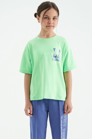 Neon Yeşil Ön Arka Baskılı O Yaka Oversize Kısa Kollu Kız Çocuk T-Shirt - 75127 | 8-9 Yaş
