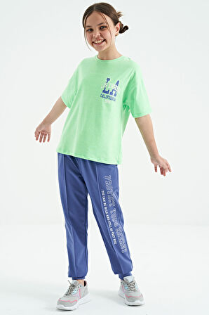 Neon Yeşil Ön Arka Baskılı O Yaka Oversize Kısa Kollu Kız Çocuk T-Shirt - 75127 | 8-9 Yaş
