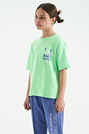 Neon Yeşil Ön Arka Baskılı O Yaka Oversize Kısa Kollu Kız Çocuk T-Shirt - 75127 | 8-9 Yaş