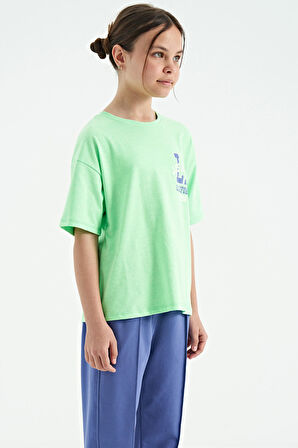 Neon Yeşil Ön Arka Baskılı O Yaka Oversize Kısa Kollu Kız Çocuk T-Shirt - 75127 | 8-9 Yaş