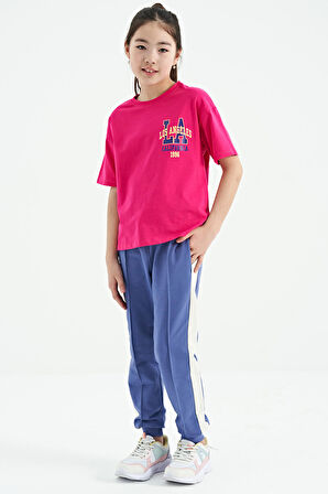 Fuşya Ön Arka Baskılı O Yaka Oversize Kısa Kollu Kız Çocuk T-Shirt - 75127
