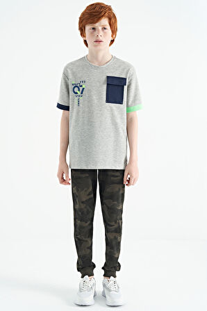 Gri Melanj O Yaka Oversize Cep Detaylı Erkek Çocuk T-Shirt - 11152