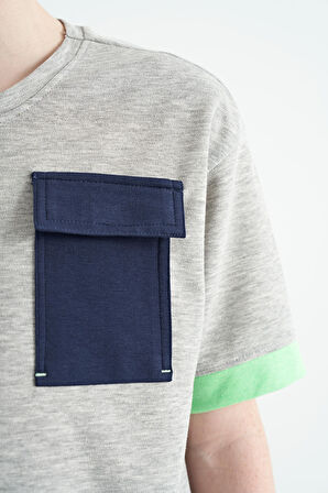 Gri Melanj O Yaka Oversize Cep Detaylı Erkek Çocuk T-Shirt - 11152