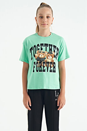 Su Yeşili Ayıcık Baskılı O Yaka Oversize Kısa Kol Kız Çocuk T-Shirt - 75116 | 8-9 Yaş