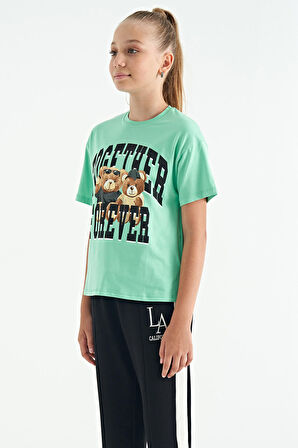 Su Yeşili Ayıcık Baskılı O Yaka Oversize Kısa Kol Kız Çocuk T-Shirt - 75116 | 8-9 Yaş