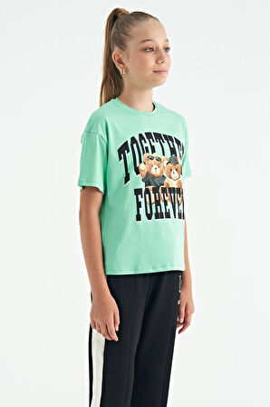 Su Yeşili Ayıcık Baskılı O Yaka Oversize Kısa Kol Kız Çocuk T-Shirt - 75116 | 8-9 Yaş
