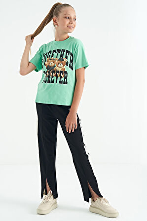 Su Yeşili Ayıcık Baskılı O Yaka Oversize Kısa Kol Kız Çocuk T-Shirt - 75116 | 8-9 Yaş