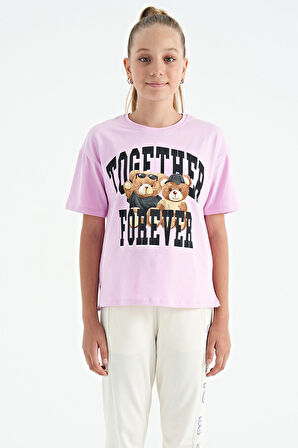 Pembe Ayıcık Baskılı O Yaka Oversize Kısa Kol Kız Çocuk T-Shirt - 75116 | 7-8 Yaş