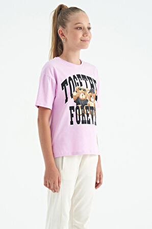 Pembe Ayıcık Baskılı O Yaka Oversize Kısa Kol Kız Çocuk T-Shirt - 75116 | 7-8 Yaş