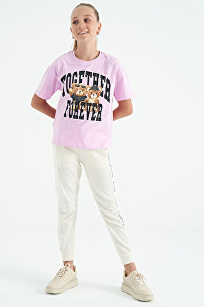 Pembe Ayıcık Baskılı O Yaka Oversize Kısa Kol Kız Çocuk T-Shirt - 75116 | 7-8 Yaş