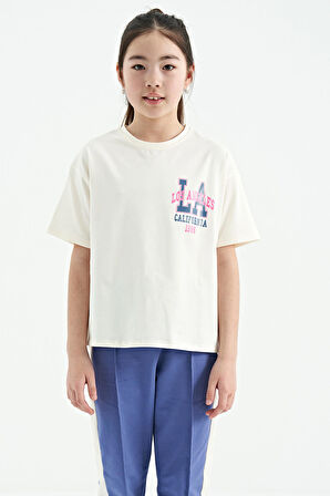 Ekru Ön Arka Baskılı O Yaka Oversize Kısa Kollu Kız Çocuk T-Shirt - 75127 | 8-9 Yaş