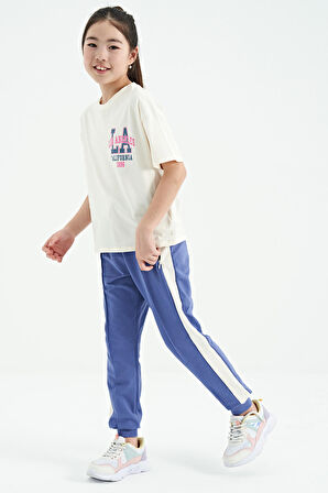 Ekru Ön Arka Baskılı O Yaka Oversize Kısa Kollu Kız Çocuk T-Shirt - 75127 | 8-9 Yaş