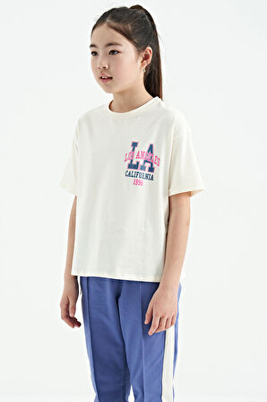 Ekru Ön Arka Baskılı O Yaka Oversize Kısa Kollu Kız Çocuk T-Shirt - 75127 | 8-9 Yaş