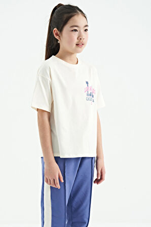 Ekru Ön Arka Baskılı O Yaka Oversize Kısa Kollu Kız Çocuk T-Shirt - 75127 | 8-9 Yaş