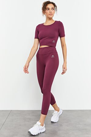 Bordo Yüksek Bel Kapri-Crop T-Shirt Slim Fit Kadın Tayt Takım - 95285 | M