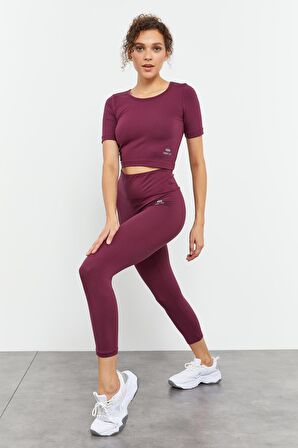 Bordo Yüksek Bel Kapri-Crop T-Shirt Slim Fit Kadın Tayt Takım - 95285 | M