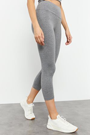 Gri Melanj Yüksek Bel Kapri-Crop T-Shirt Slim Fit Kadın Tayt Takım - 95285 | S