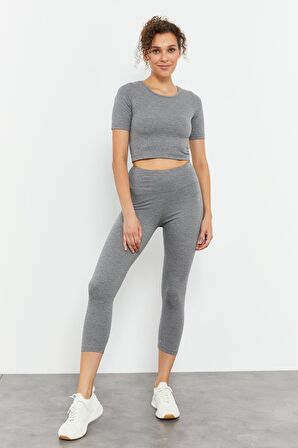 Gri Melanj Yüksek Bel Kapri-Crop T-Shirt Slim Fit Kadın Tayt Takım - 95285 | S