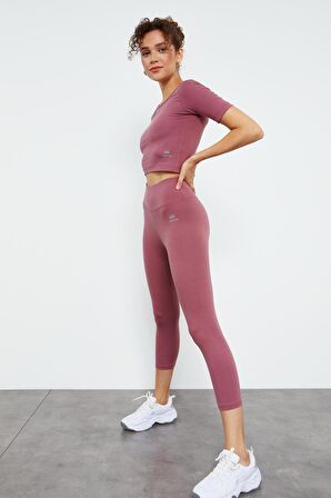 Gül Kurusu Yüksek Bel Kapri-Crop T-Shirt Slim Fit Kadın Tayt Takım - 95285 | S