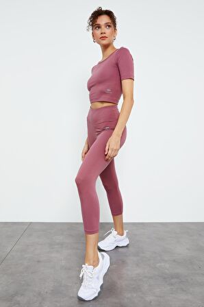 Gül Kurusu Yüksek Bel Kapri-Crop T-Shirt Slim Fit Kadın Tayt Takım - 95285 | S