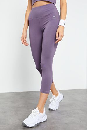 Eflatun Yüksek Bel Kapri-Crop T-Shirt Slim Fit Kadın Tayt Takım - 95285 | L