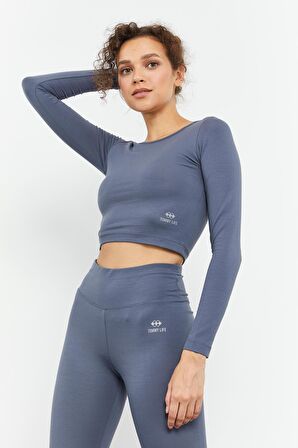 Petrol Yüksek Bel Uzun Kollu Slim Fit Crop Top Kadın Tayt Takım - 95286 | XL