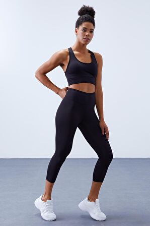 Siyah Yüksek Bel Toparlayıcı Çapraz Sırt Detaylı Slim Fit Kadın Tayt Takım - 95283 | L