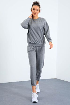Gri Melanj O Yaka Oversize Lastik Paça Kadın Eşofman Takımı - 95287 | M