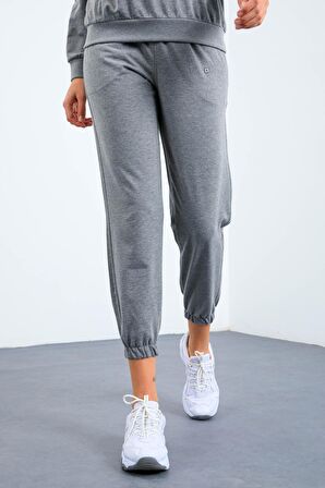 Gri Melanj O Yaka Oversize Lastik Paça Kadın Eşofman Takımı - 95287 | M