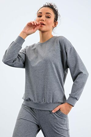 Gri Melanj O Yaka Oversize Lastik Paça Kadın Eşofman Takımı - 95287 | M