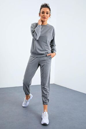 Gri Melanj O Yaka Oversize Lastik Paça Kadın Eşofman Takımı - 95287 | M