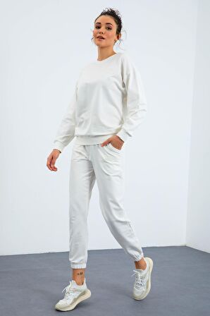 Ekru O Yaka Oversize Lastik Paça Kadın Eşofman Takımı - 95287 | M