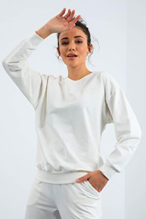 Ekru O Yaka Oversize Lastik Paça Kadın Eşofman Takımı - 95287 | M
