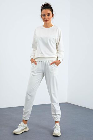 Ekru O Yaka Oversize Lastik Paça Kadın Eşofman Takımı - 95287 | M