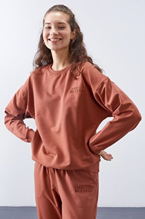 Tarçın O Yaka Oversize Lastik Paça Kadın Eşofman Takımı - 95287 | XL