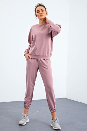 Gül Kurusu O Yaka Oversize Lastik Paça Kadın Eşofman Takımı - 95287 | L