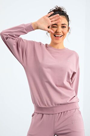 Gül Kurusu O Yaka Oversize Lastik Paça Kadın Eşofman Takımı - 95287 | L