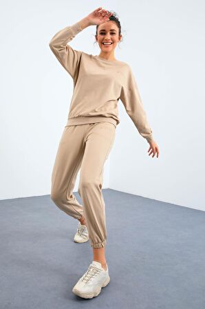 Bej O Yaka Oversize Lastik Paça Kadın Eşofman Takımı - 95287 | S