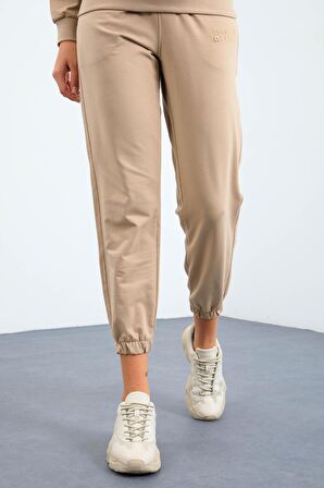 Bej O Yaka Oversize Lastik Paça Kadın Eşofman Takımı - 95287 | S