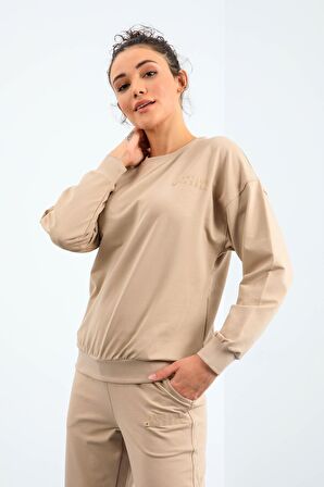 Bej O Yaka Oversize Lastik Paça Kadın Eşofman Takımı - 95287 | S