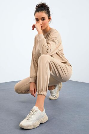 Bej O Yaka Oversize Lastik Paça Kadın Eşofman Takımı - 95287 | S