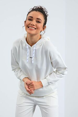 Ekru Kapüşonlu Kanguru Cep Oversize Lastik Paça Kadın Eşofman Takımı - 95288 | XL